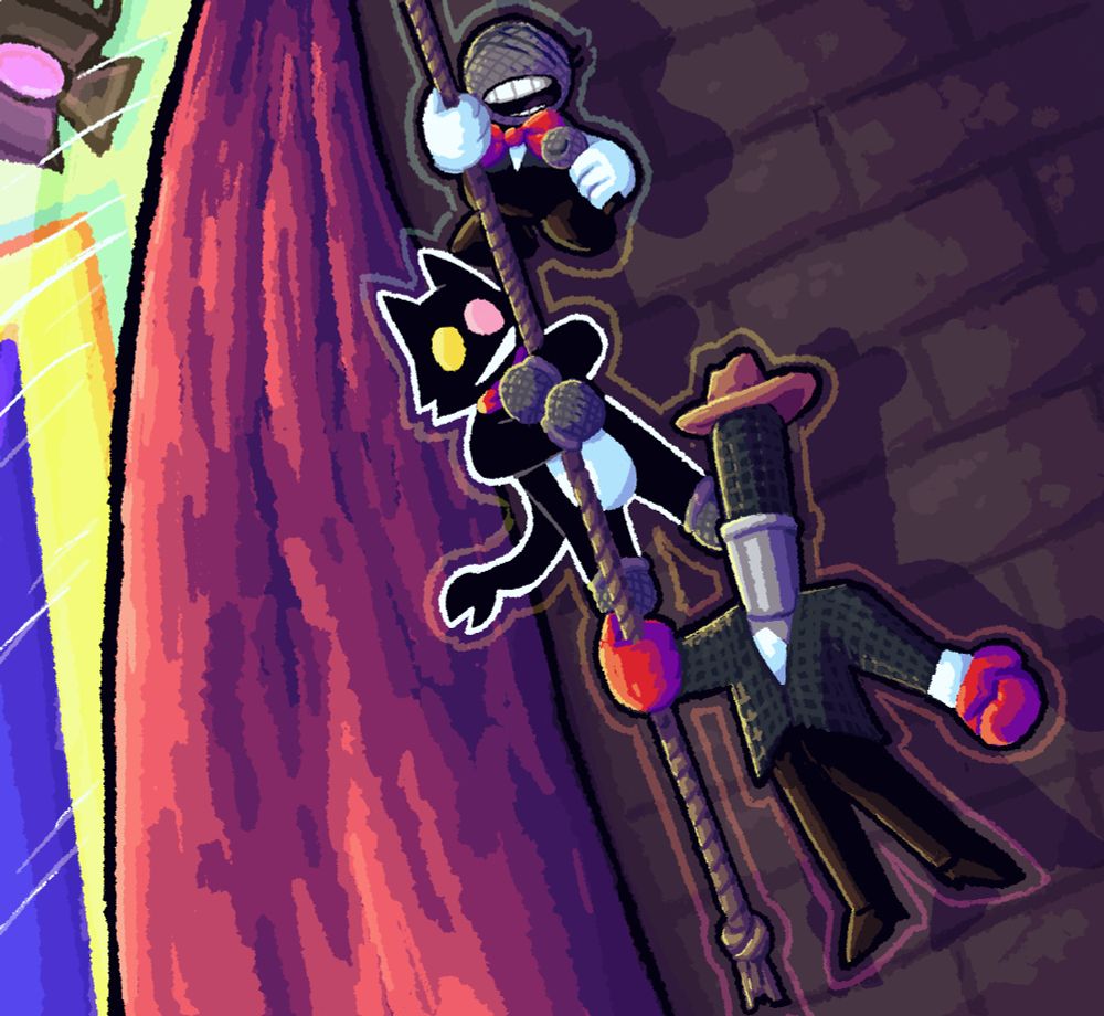 The three fake Mikes from Deltarune are hanging from a rope line in their costumes, opening up the theater curtains to the TV Time set.