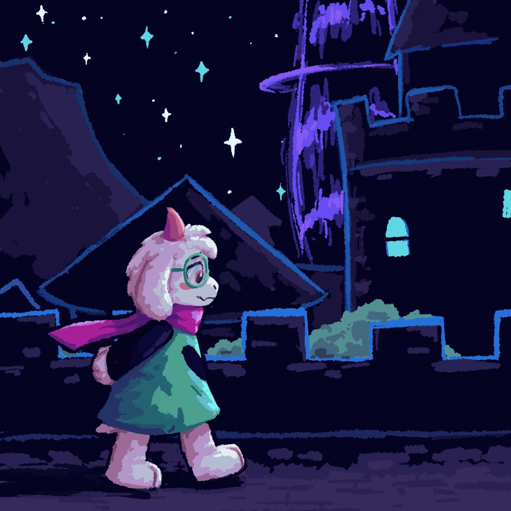 Ralsei from Deltarune is looking down introspectively while he takes a walk down the ramparts of his Dark World Castle, with the dark fountain in the background