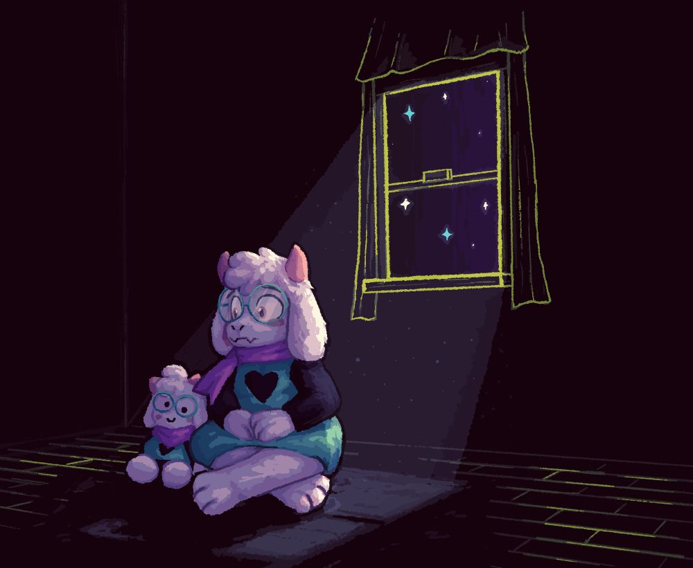 Ralsei from Deltarune is sitting cross-legged in his room alone with just his Ralsei plushie to accompany him, as light from the window illuminates him.