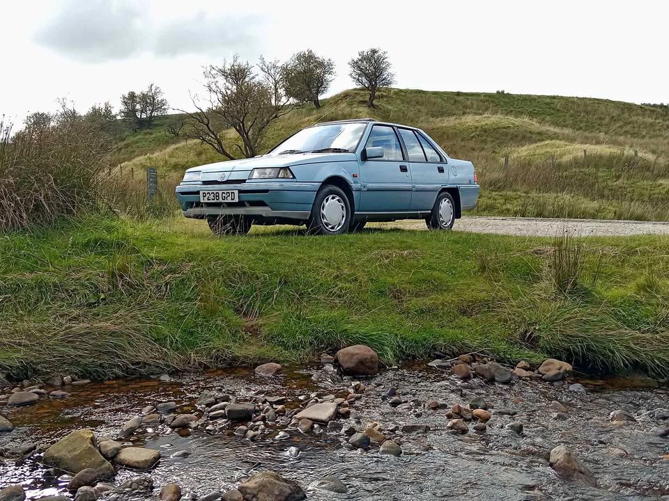 A 1995 Proton car in blue, parked on grass at an angle.