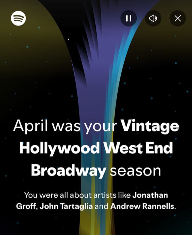 A screenshot of a Spotify Wrapped roundup. The text reads 'April was your Vintage Hollywood West End Broadway season. You were all about artists like Jonathan Groff, John Tartaglia and Andrew Rannells.'