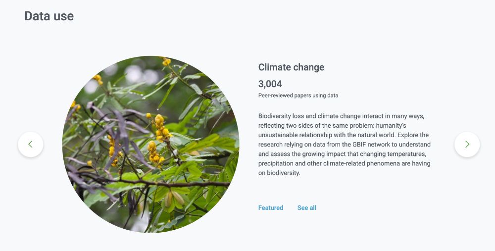 Screenshot of landing page highlighting the more than 3,000 peer-reviewed research articles that use data from the GBIF network. Text reads: "Biodiversity loss and climate change interact in many ways, reflecting two sides of the same problem: humanity’s unsustainable relationship with the natural world. Explore the research relying on data from the GBIF network to understand and assess the growing impact that changing temperatures, precipitation and other climate-related phenomena are having on biodiversity."
