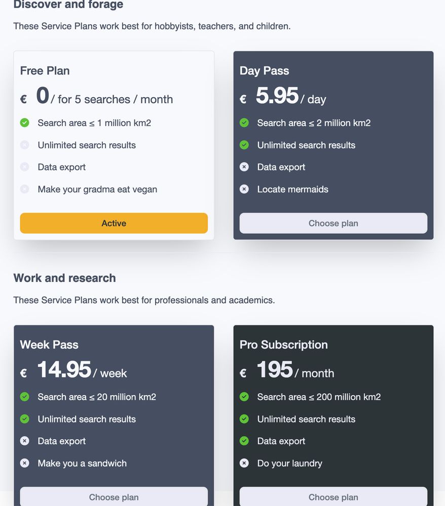 screenshot of pricing tiers for a startup reselling scale-dependent access to open data on biodiversity without acknowledgement or attribution