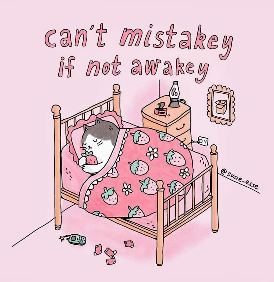 Cartoon of cute cat sleeping in a 4 poster bed.  Caption in handish font "can't mistakey / if not awakey."  Bedspread decorated with strawberries and strawberry flowers and mild lace border.  Cat is clutching a strawberry stuffie while sleeping.  4 socks and a bar cellphone on floor in foreground. Background includes nightstand with lava lamp (plugged in with outlet) and partially eaten and opened can of tuna.  Wall includes a framed picture of the cat's favorite box. Cartoon signed @susie-esse.  4 poster bed has 6 slats at head but only 5 at foot, likely an allegorical Western version of Zhaungzi's famous teaching of "4 in the morning, but 3 at night." The cellphone has a star shaped fob of some kind, not really sure what that is or why, you'd probably have to contact the artist. Cat has a pillow in two tones of pink.  Actually multiple tones of pink are echoed throughout the piece on bedspread, sheets, strawberries, socks, tuna can, lava, lettering background (wallpaper and floor?), light browns for bed, picture frame sidetable, etc.  greens in cellphone, strawberry caps. Etc.  dang 2000 characters of description for an image is hard and Im not really and artist, that will have to do. 