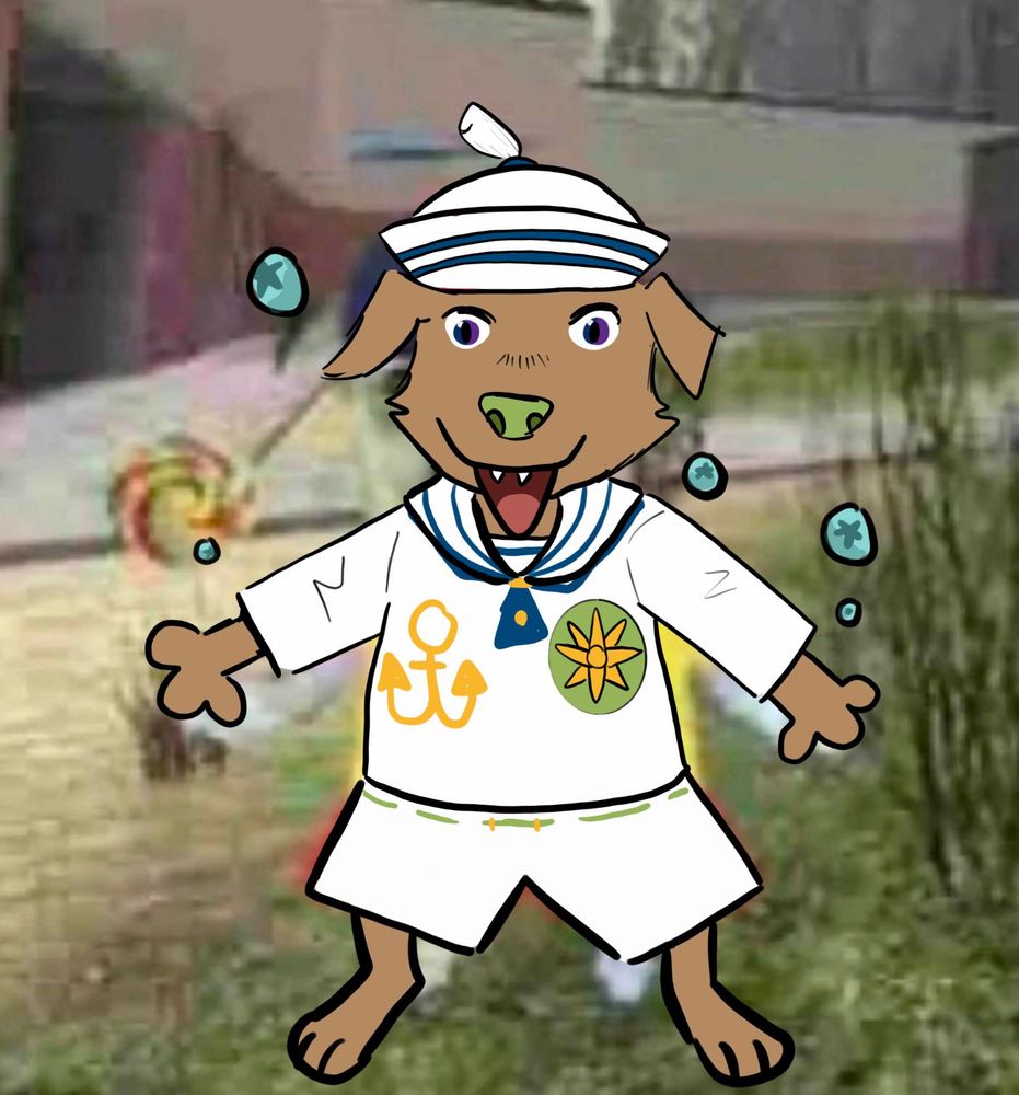 dog in a sailor suit with bubbles around him
