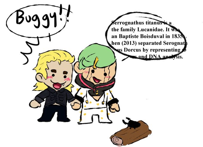 [original idea  mcapriglioneart on twitter] jobin and i holding hands. i shout "buggy!" jobin is pointing at a stag beetle on a log and giving me all the facts he knows.