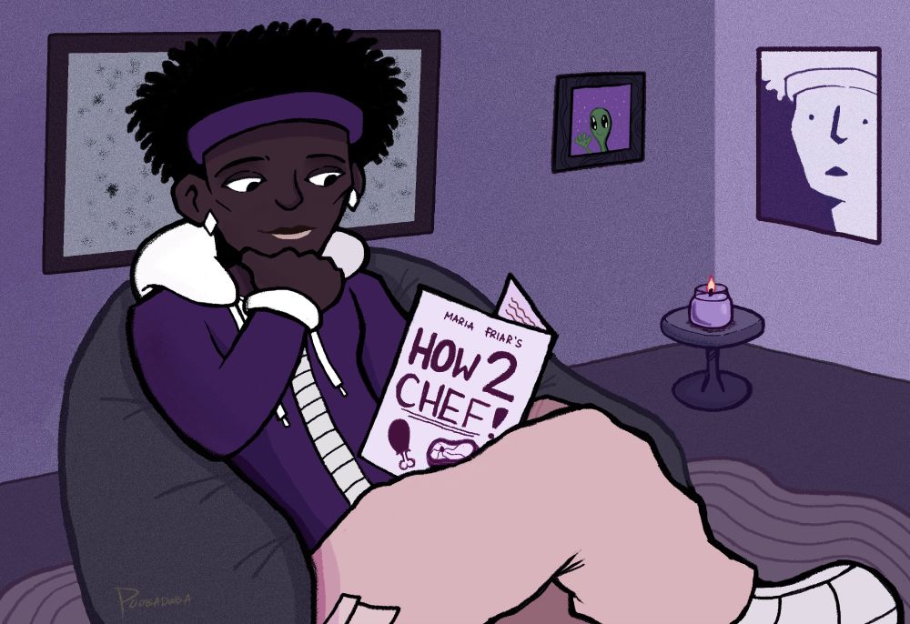 Fritz reads through a book of cooking recipes.