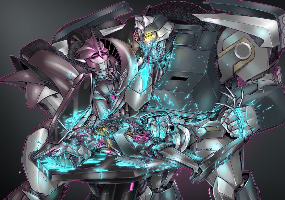 Warning: Gore (robotgore), guroart. TFP Knockout and Breakdown having a romantic dinner date where they're ripping into Starscream alive. They've removed his legs and stapled his wings to the operating table to make him easier to manage. Breakdown has one servo pressed down over Starscreams mouth muffling his screams and a firm grip of Starscreams razorsharp fingers, his other spindly arm presumably removed as well, making him completely helpless. Starscreams chestplate and pauldrons have been removed and his abdomen is completely open and exposed, gushing energon. Knockout is leaning forward, chin resting against the back of his servo with a scalpel or cutlery of some kind daintily held between his digits, one of Starscreams opitcs pierced at the end of it dangling below. His other servo is caressing Breakdowns jawline, letting the energon gushing from his mouthful of Starscreams cabling stain his arm and pauldron. Knockout and Breakdown are looking softly into each others eyes, enjoying their morbid dinner date. Its a very messy scene, a lot of energon gushing and spraying and running along the operating table onto the floor.