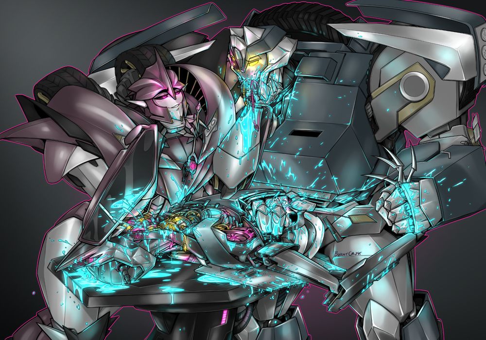 Warning: Gore (robotgore), guroart. TFP Knockout and Breakdown having a romantic dinner date where they're ripping into Starscream alive. They've removed his legs and stapled his wings to the operating table to make him easier to manage. Breakdown has one servo pressed down over Starscreams mouth muffling his screams and a firm grip of Starscreams razorsharp fingers, his other spindly arm presumably removed as well, making him completely helpless. Starscreams chestplate and pauldrons have been removed and his abdomen is completely open and exposed, gushing energon. Knockout is leaning forward, chin resting against the back of his servo with a scalpel or cutlery of some kind daintily held between his digits, one of Starscreams opitcs pierced at the end of it dangling below. His other servo is caressing Breakdowns jawline, letting the energon gushing from his mouthful of Starscreams cabling stain his arm and pauldron. Knockout and Breakdown are looking softly into each others eyes, enjoying their morbid dinner date. Its a very messy scene, a lot of energon gushing and spraying and running along the operating table onto the floor.
