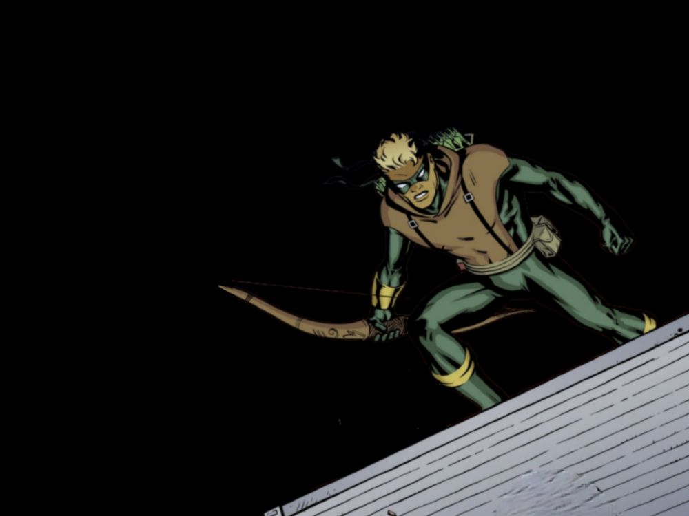 Edited image of Connor Hawke standing on a building with bow drawn and a black background.