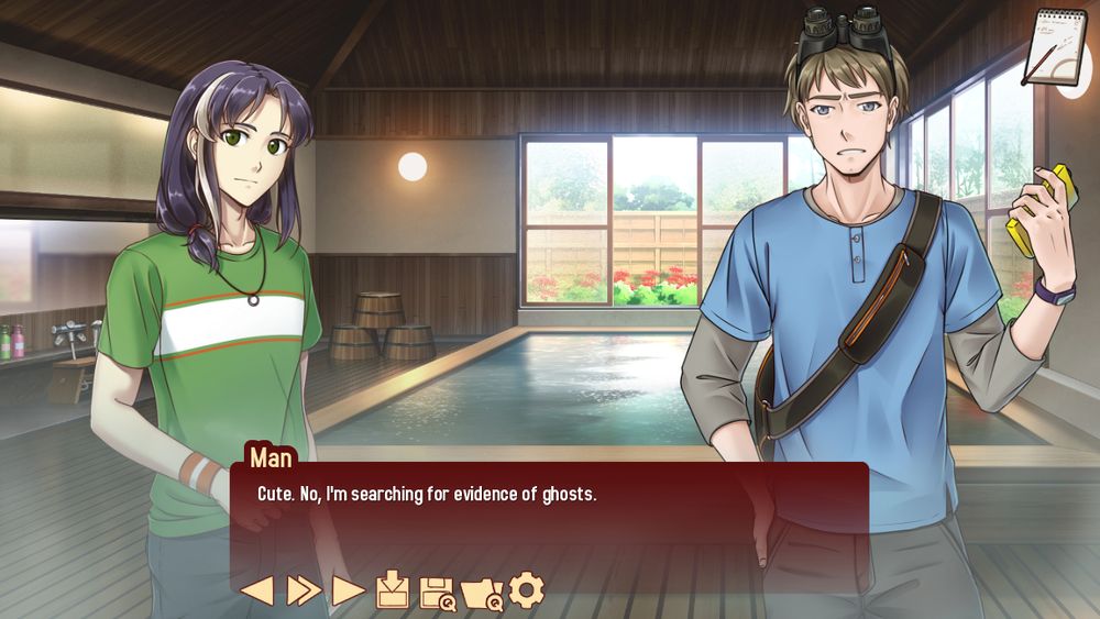 Game screencap: Naoki from the visual novel Shinsei. A young man with long hair stands in a bath house. Across from him, another man clad in night-vision goggles and carrying a small electronic box states "Cute. No, I'm searching for evidence of ghosts."