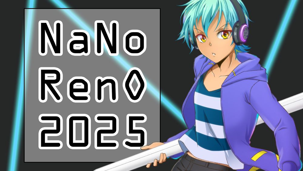 Illustration: Ren from NaNoRenO, a youth with a determined look, carrying a large digital pencil. The title reads NaNoRenO 2025.