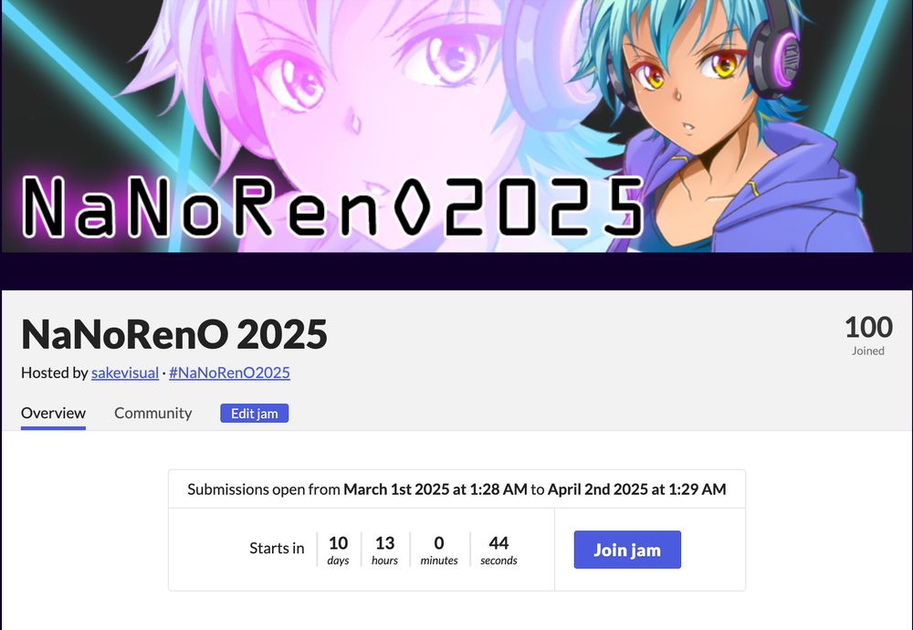 Screencap: The NaNoRenO game jam landing page. A timer states "Starts in 10 days."
