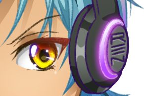 Cropped illustration: A tight shot of a character's eye. To the side, you can see they are wearing headphones that say "REN."