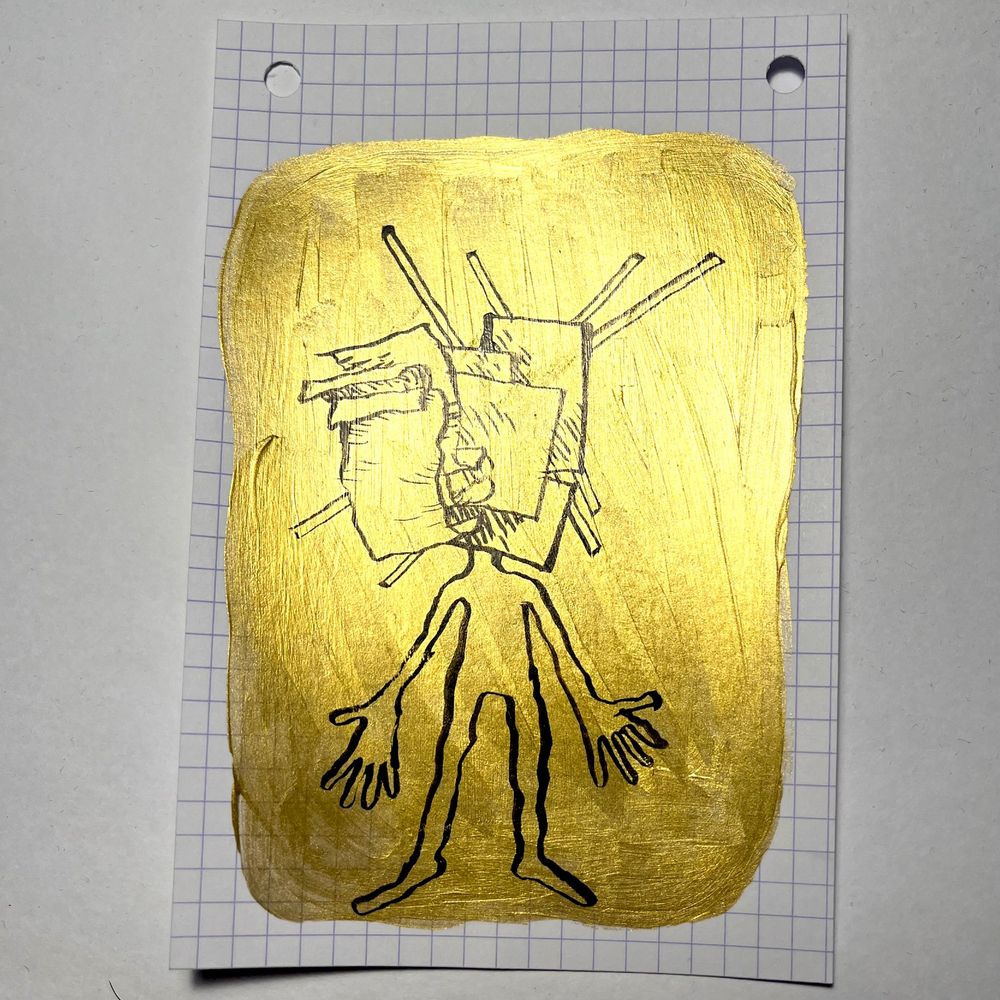 Eight drawings on eight index cards : each time, on a golden background stands a roughly sketched body of a person with a different head, like : a pile of papers, a stone, houses, a scribble, a kind of cabbage…
