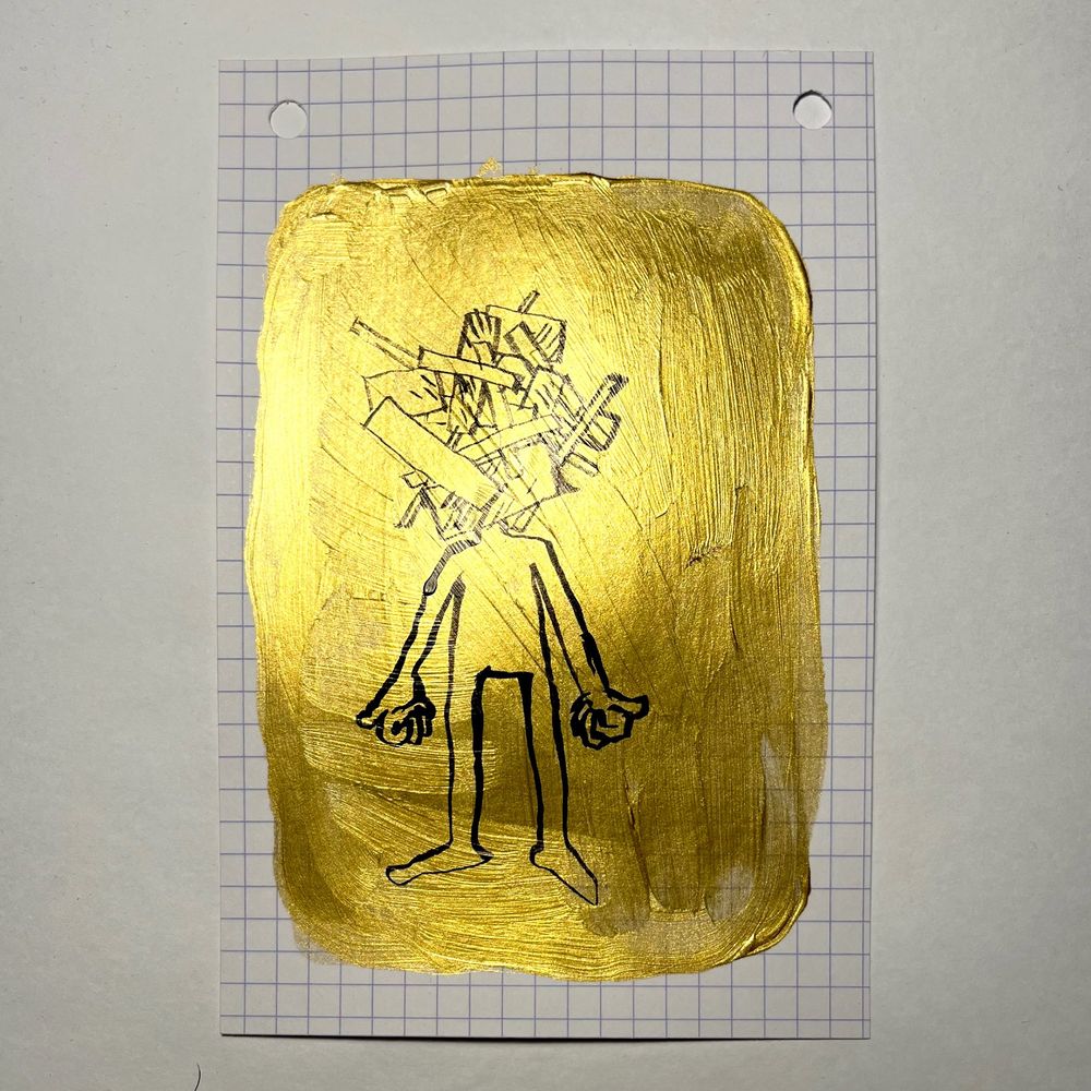 Eight drawings on eight index cards : each time, on a golden background stands a roughly sketched body of a person with a different head, like : a pile of papers, a stone, houses, a scribble, a kind of cabbage…
