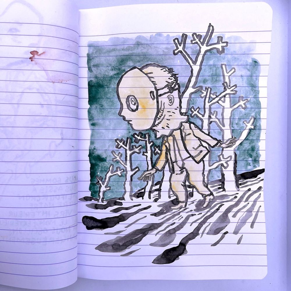 Another ink drawing : the same character in suit with the mask on a mask walks in a forest of dead trees, with a green watercolor sky