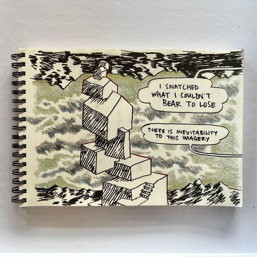 A drawing of a tower that seems made of houses stacked one upon another with a greenish sky and two speech balloons with the text. It’s been drawn on a notebook. 
