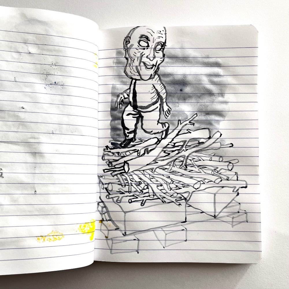 Excerpts from a sketchbook : drawn with indian ink, a man with a mask kind of dances upon a heap of uneven branches, drawn with watercolor