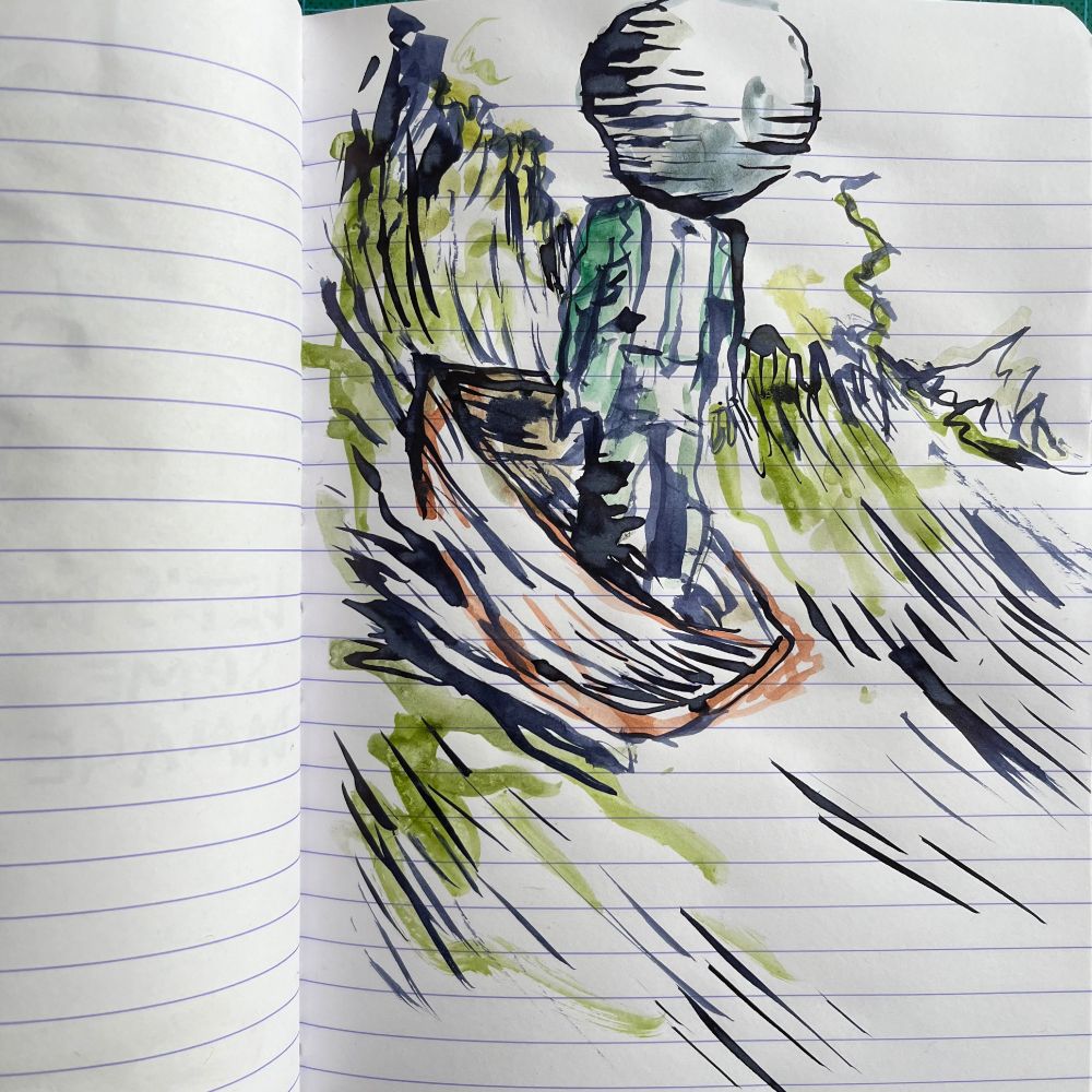 Three drawings coming from a sketchbook : 
A man in costume, with a big rock as a head, standing stiff in a little boat as he’s surfing a big green wave