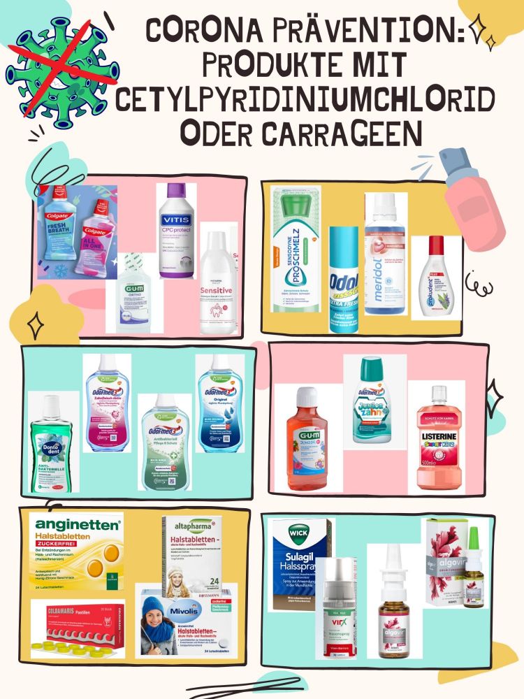 Screenshot mit diversen Mundspühlungen, Halstabletten und Nasenspray die Cetylpyridiniumchlorid oder Carrageen enthalten