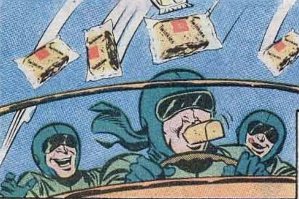 A comic panel depicting three evil henchmen sat in a car, being overjoyed to see Twinkies raining from the sky. The driver already has a Twinkie in his mouth.