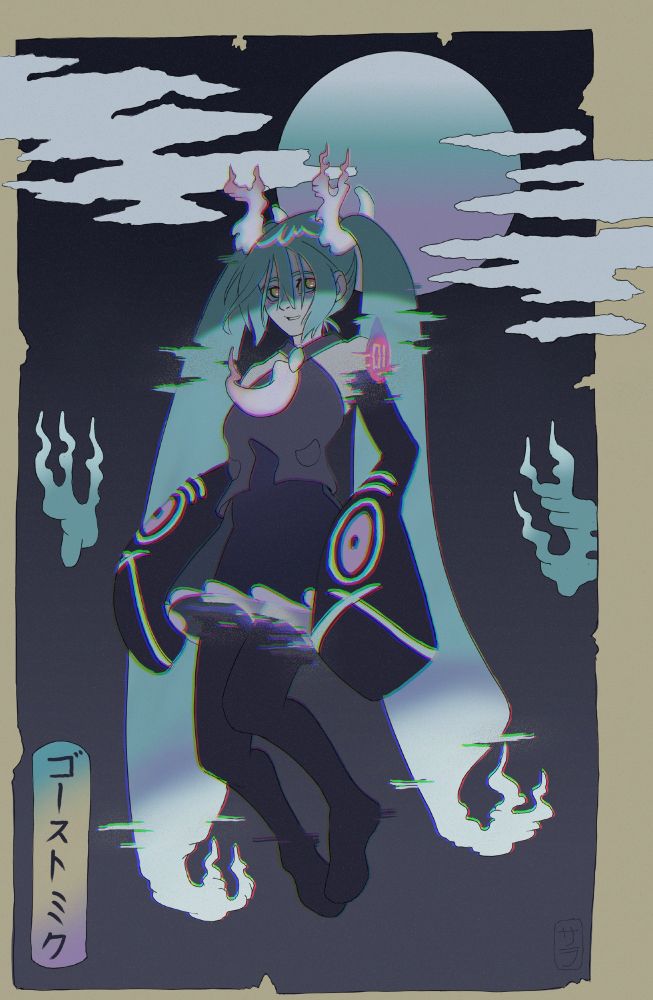 Hatsune Miku character in her Ghots type from Project Voltage, a collab between Miku and Pokémon, She's floating in the night with a full moon behind her. 