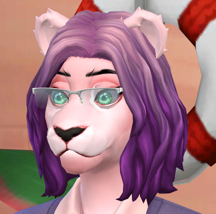 A picture of Ness. She is a pink cat with green eyes, and she wears light, clear glasses. Her purple hair falls to each side with a mid parting. Her pink fur is a little darker than Vee's