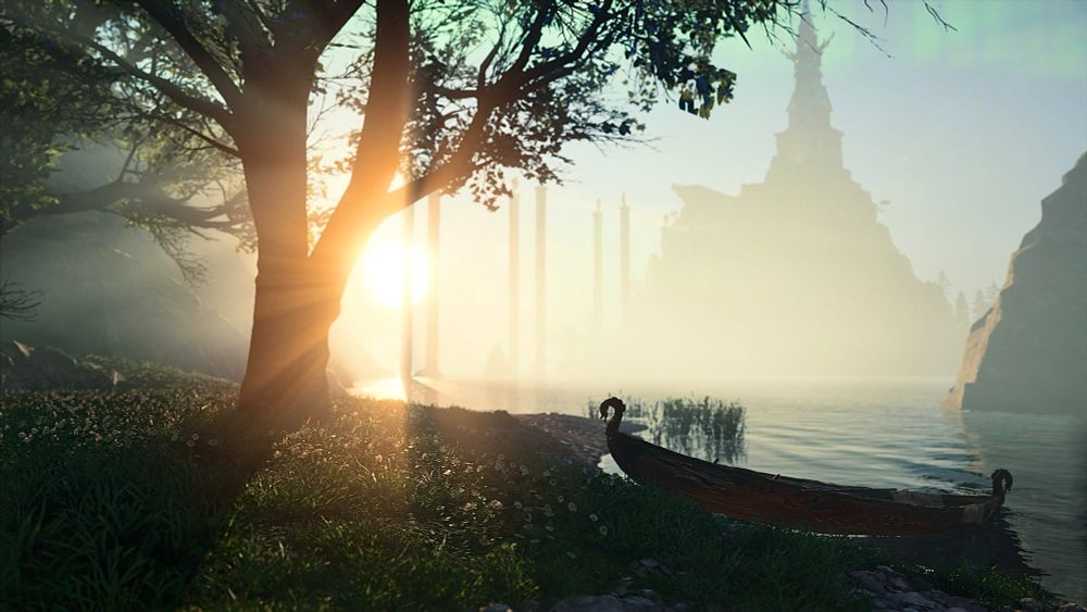 A small boat sits on the edge of a lake, next to a tree. Early morning light shines through the tree.