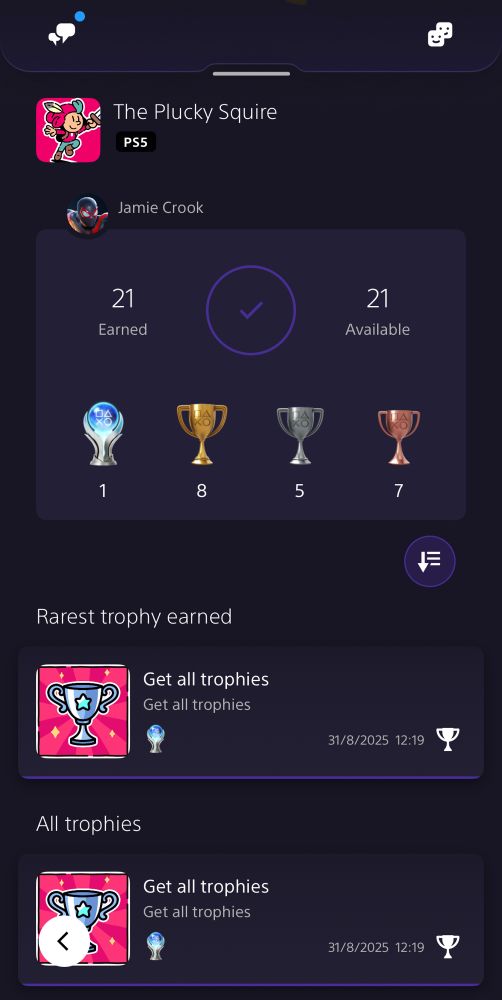Screenshot from the PlayStation app showing that the platinum trophy was achieved in The Plucky Squire.