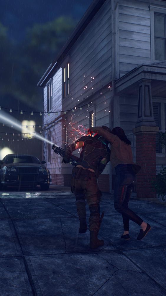 A close-up action scene where a woman is grappling with a heavily armed soldier in tactical gear. Sparks and red energy effects appear as she attacks, while rain pours and a car is parked in the background