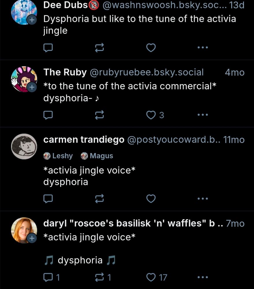 screenshot of four posts which are just putting in your head the word dysphoria sung to the tune of the activia jingle