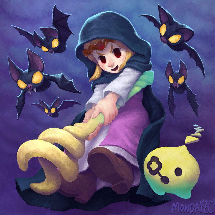 princess zelda with the tri rod surrounded by keese and tri from the game tlz: echoes of wisdom