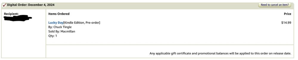 An order from Amazon for _Lucky Day_, where the date ordered is December 4, 2024.