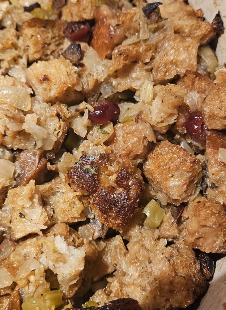 Thanksgiving stuffing made with porcina stuffing mix from Macrina Bakery and fresh turkey stock
