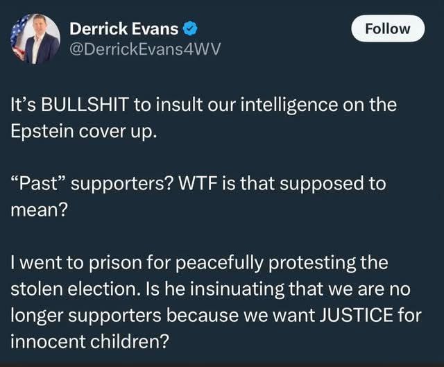 It's bullshit to insult our intelligence on the Epstein cover-up

Pass supporters? WTF is that supposed to mean? 

I went to prison for peacefully protesting this stolen election. Is he insinuating that we are no longer supporters because we want justice for innocent children 