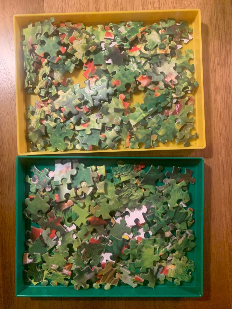 Two trays of mostly green jigsaw pieces from a puzzle titled “Guac or Squawk?”