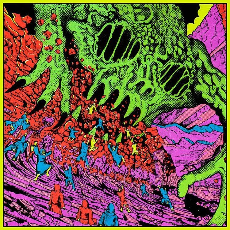 The cover of Live at Red Rocks ‘22 by King Gizzard and the Lizard Wizard. A large crowd of wizards dressed in multicolored cloaks attempt to flee the Red Rocks amphitheater as a gigantic green monster descends on them from above.