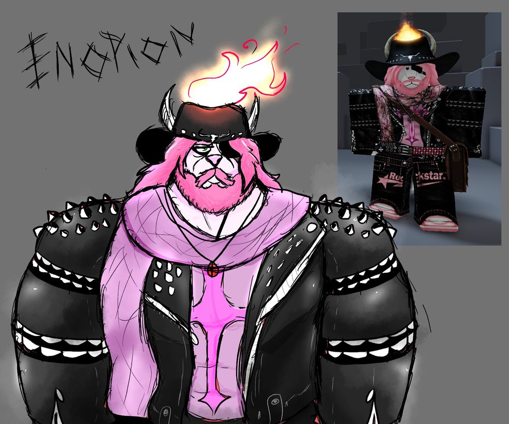 illustration of an anthropomorphic white lion with a pink mane,  wearing a pink scarf, a leather coat with studs and spikes, a pink undershirt and a black hat with horns on fire