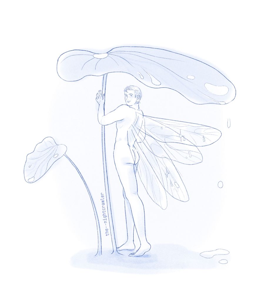 Digital sketch of Kirk from Star Trek the Original series, depicted as a fairy, in blue colours. Kirk stands with his back turned to the viewer under a big leaf. His wings are visible, and they look like the wings of a dragonfly. He is smiling at the viewer. On top of the leaf, and at the edge of his wings there are water droplets.
