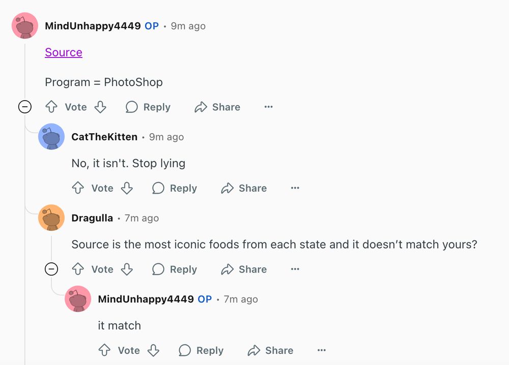the OP of this reddit thread posting a link saying "Source" and "program = PhotoShop". One reply says "Source is the most iconic foods from each state and it doesn't match yours?" to which OP replies "it match" 