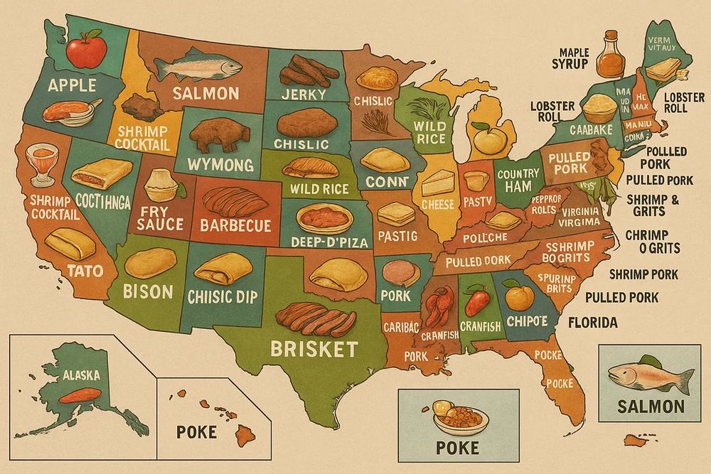 an AI slop map of the united states that seems to be trying to indicate what the most popular food is in every state. it contains such gems as Alaska's favorite food being a reddish slab labeled "ALASKA", Oregon's favorite food being what looks like a steak sitting on top of a cereal bowl labeled "APPLE", California's being simultaneously a goblet full of red liquid labeled "SHRIMP COCKTAIL" and a beige slab labeled "TATO", Wyoming's being a crudely drawn bison labeled "WYMONG" and an oblong apple on Alabama labeled "CRANFISH". There is also a square to the right of Florida that just says "SALMON" for no reason. 