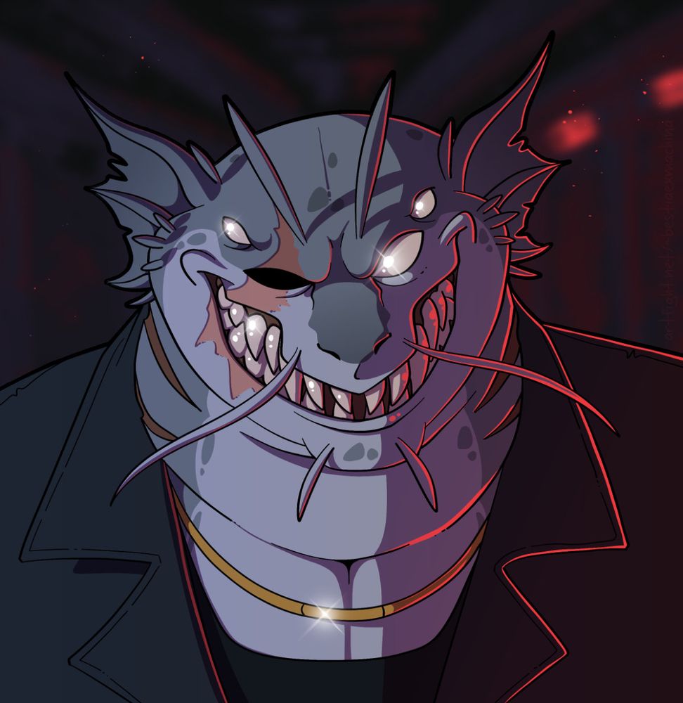 Digital cartoon portrait of an anthropomorphic character who is a hybrid between goblin shark, leopard seal and slug. He is wearing a black suit, shirt and gold chain. One of is four eyes is missing, that side of his face is covered in a big scar. He is looking at the viewer, showing a toothy, shit-eating grin.