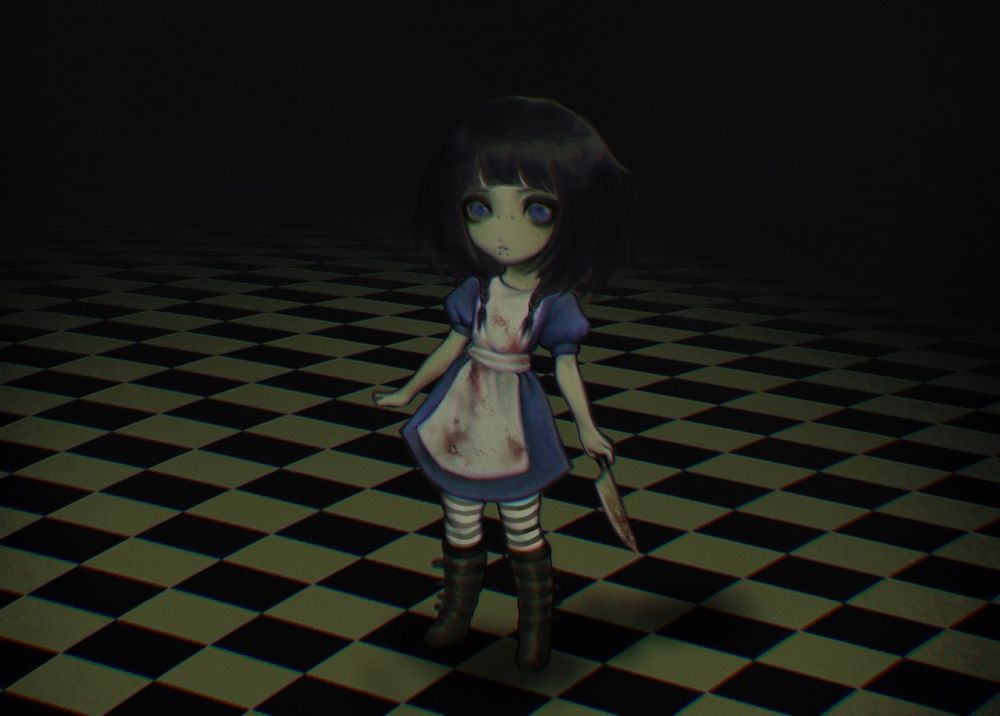 A drawing of ovvu inspired by the game Alice: Madness Returns
Ovvu is standing in a dark room with black and white tiled floor. They are wearing the classic outfit of Alice from the game: a blue dress with a white apron that has splashes of blood on it, black and white striped stockings, and big knee-high boots. Their hair is tied into two small braids
Ovvu is looking at the viewer, concerned, holding a knife in their hand