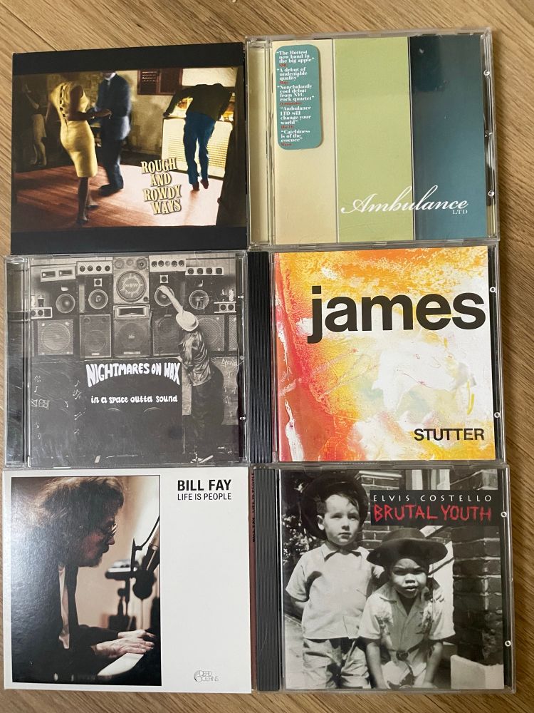 CDs by Bob Dylan, Ambulance Ltd., nightmares on wax, James, Bill Fay & Elvis Costello 