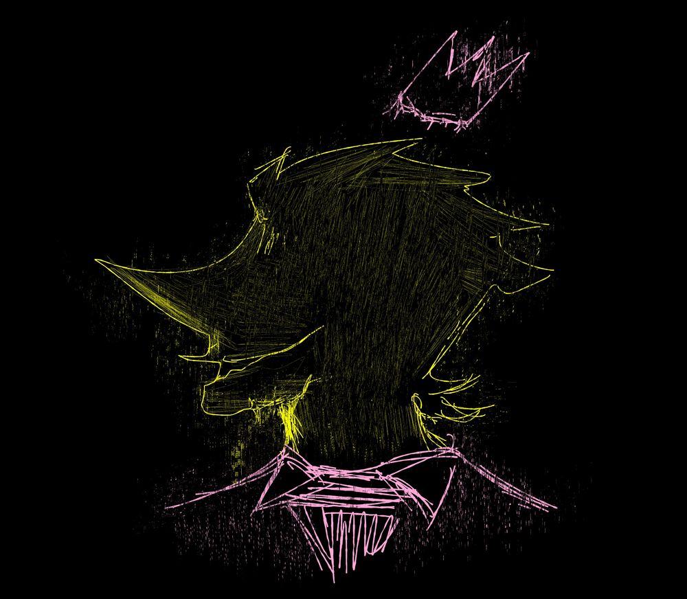 An abstract painting of Spamton, who appears to be in his Big Shot era. He has a glitchy aesthetic, as well as a fancy suit and crown. The color palette consists of pink and yellow.