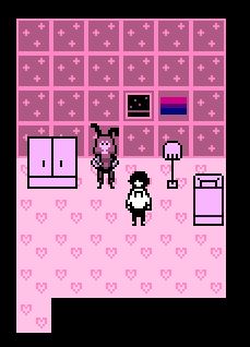 A hotel room with the statue of another character. A bisexual flag could be seen next to it.