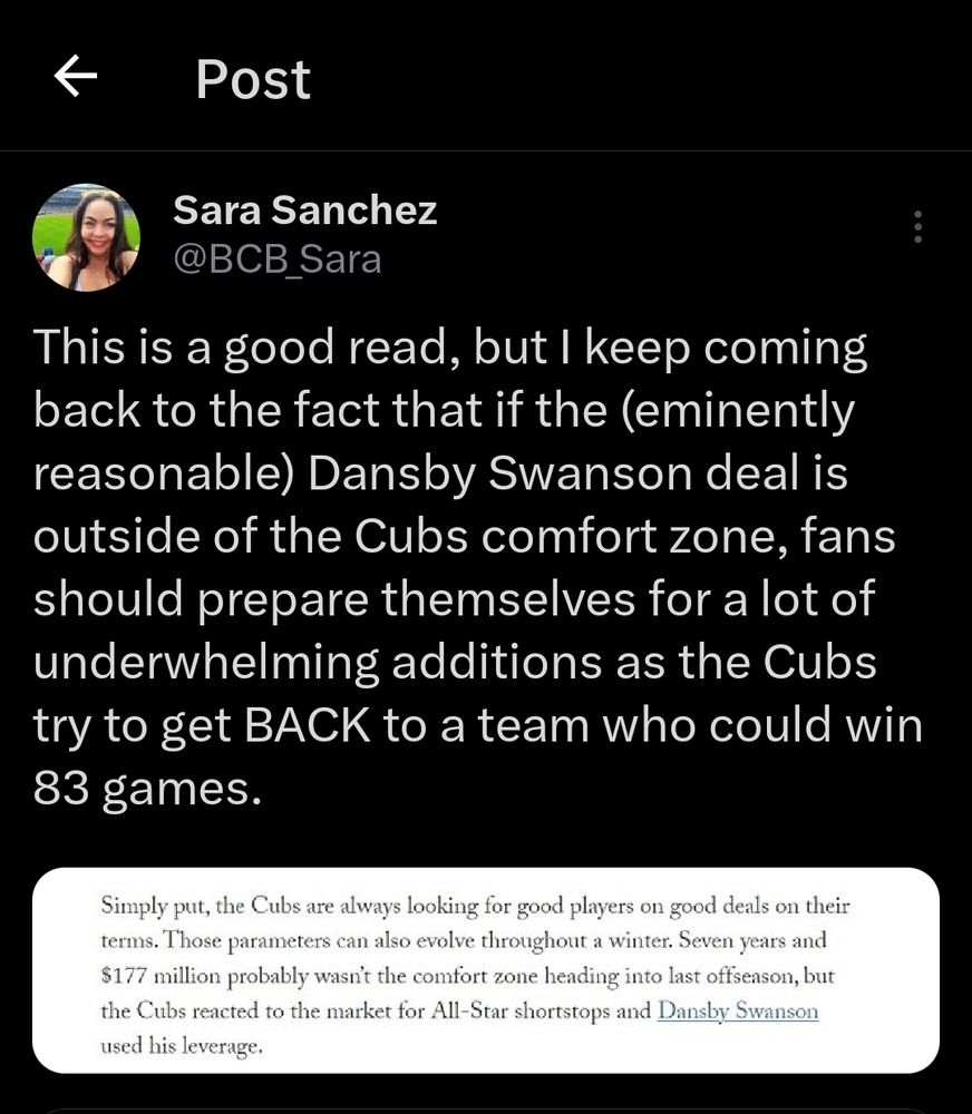 The screen-grabbed tweet in this image states, "This is a good read, but I keep coming back to the fact that if the (eminently reasonable) Dansvy Swanson deal is outside of the Cubs comfort zone, fans should prepare themselves for a lot of underwhelming additions as the Cubs try to get BACK to a team who could win 83 games. The tweet references a Patrick Mooney article from December 2023 in The Athletic.