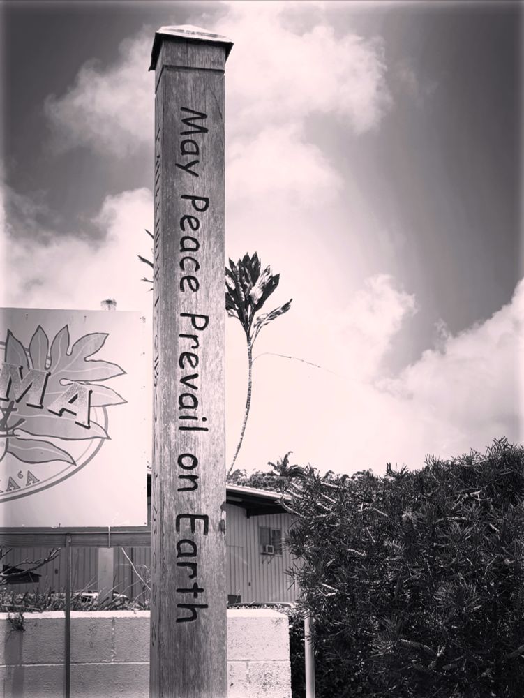 Vertical sign reading "May Peace Prevail on Earth"

Seen in front of Malama Market, Honoka'a, Hawai'i