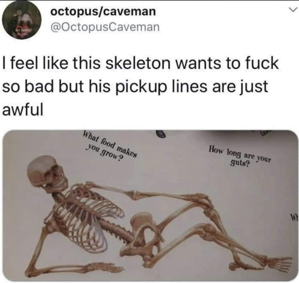A skeleton who wants to fuck so bad, but has terrible pickup lines like: 

"How long are your guys?"